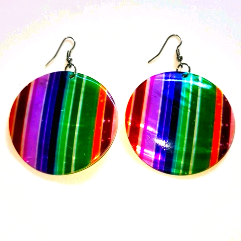 Round Rainbow Striped Earrings W Mother of Pearl Back